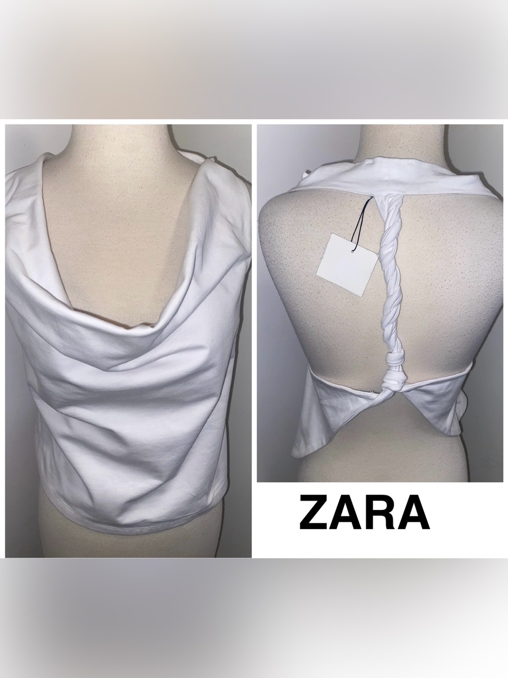 ZARA White Cowl Neck Braided Back 100% Cotton Top - Size M - NEW
